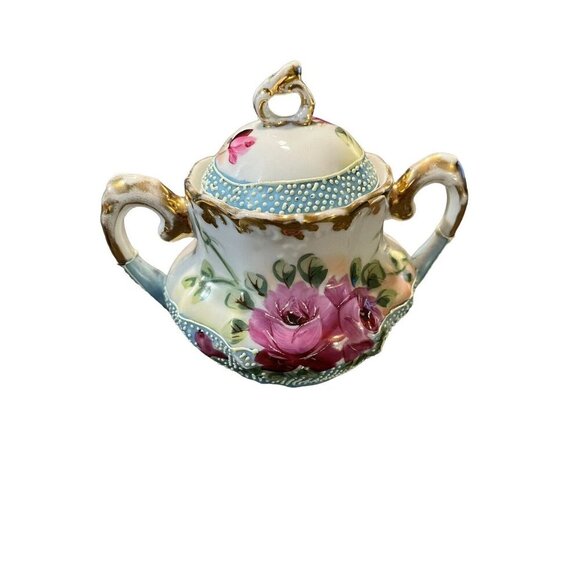 Antique Cabbage Rose with Bead Textured Design Small Creamer and Sugar Bowl - Picture 10 of 16